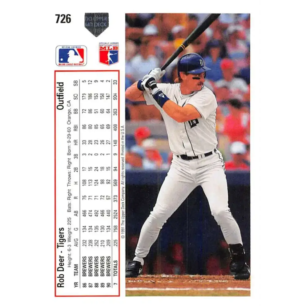 1991 Upper Deck #726 Rob Deer NM-MT Detroit Tigers Baseball Card - Baseball Card Single