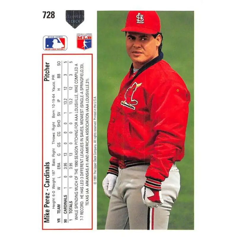 1991 Upper Deck #728 Mike Perez NM-MT RC Rookie St. Louis Cardinals Baseball Card - Baseball Card Single