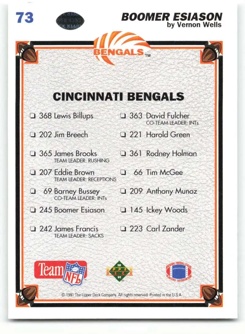1991 Upper Deck #73 Boomer Esiason NM-MT Cincinnati Bengals Football Card - Football Card Single