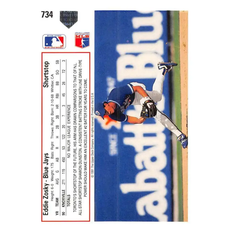 1991 Upper Deck #734 Eddie Zosky NM-MT Toronto Blue Jays Baseball Card - Baseball Card Single