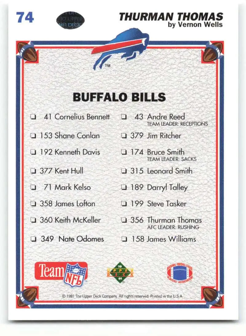 1991 Upper Deck #74 Thurman Thomas NM-MT Buffalo Bills Football Card - Football Card Single