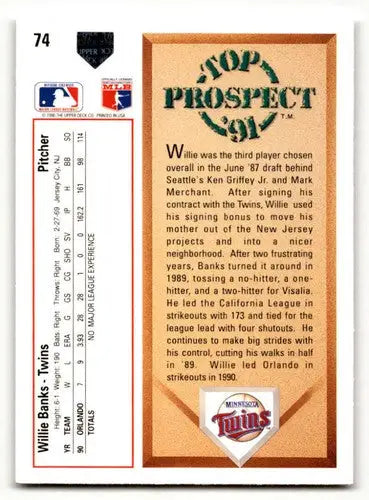 Original gloss baseball card of Willie Banks from 1991 Upper Deck #74