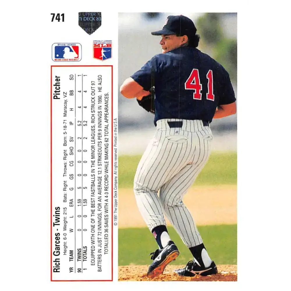 1991 Upper Deck #741 Rich Garces NM-MT RC Rookie Minnesota Twins Baseball Card - Baseball Card Single