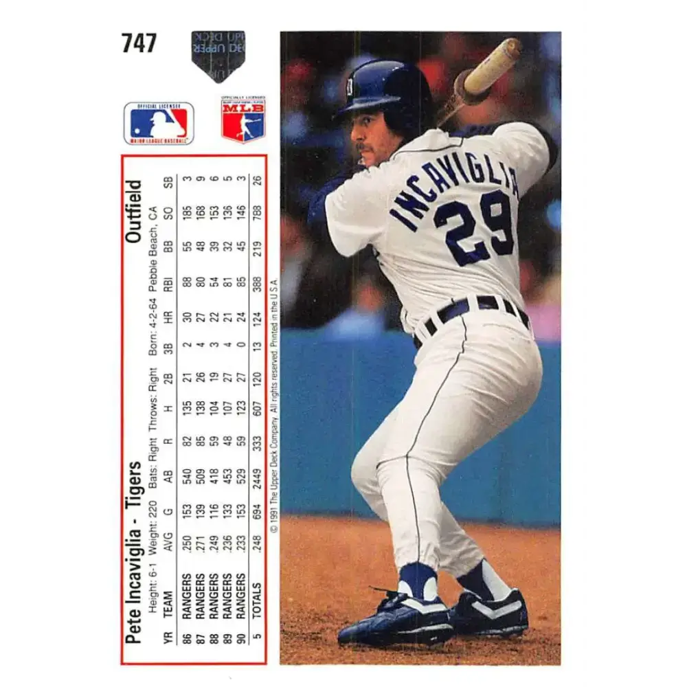 1991 Upper Deck #747 Pete Incaviglia EX Excellent Detroit Tigers Baseball Card
