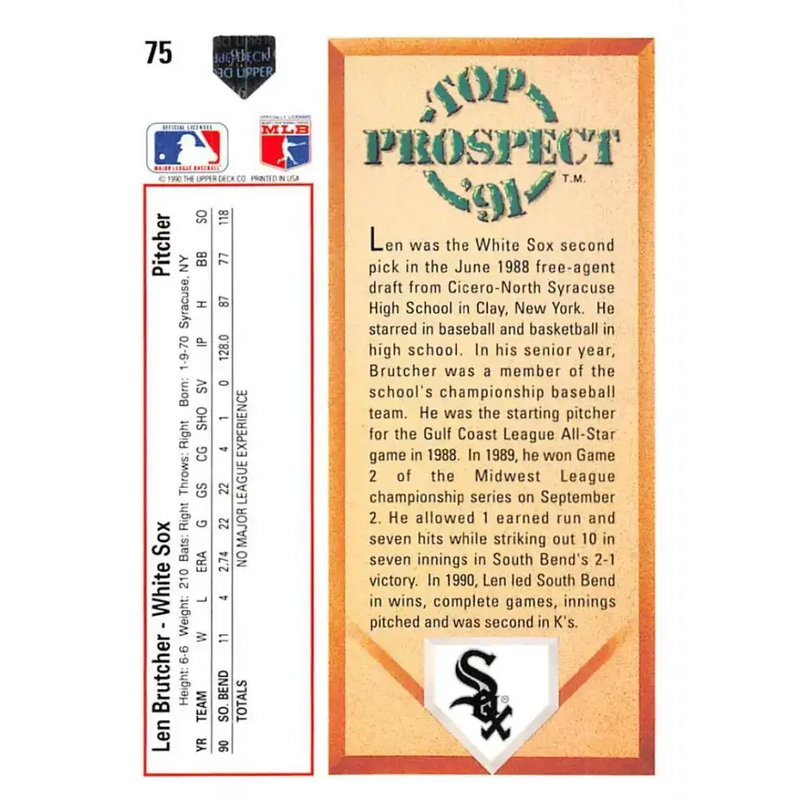 1991 Upper Deck #75 Len Brutcher EX Excellent RC Rookie Chicago White Sox Baseball Card - Baseball Card Single