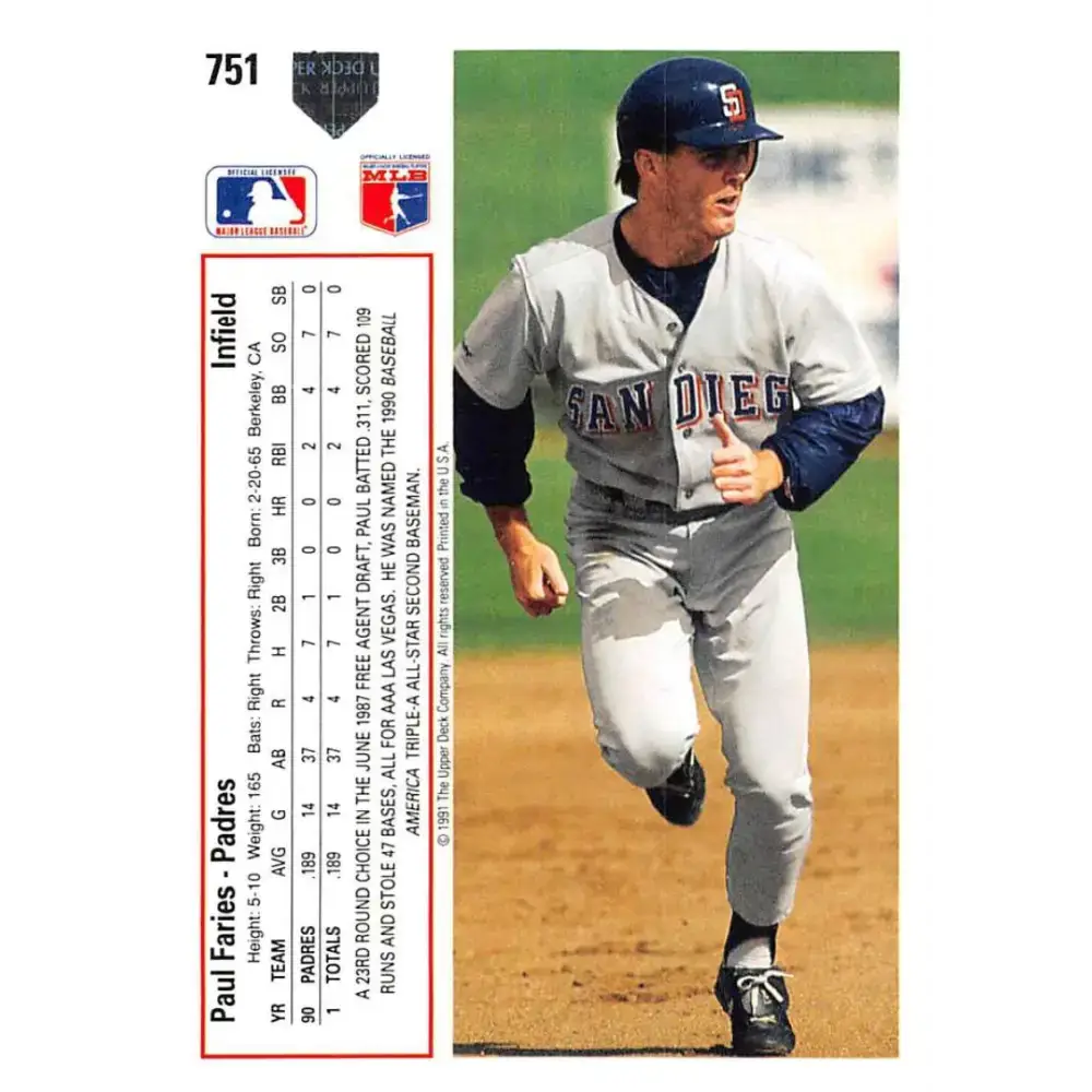 1991 Upper Deck #751 Paul Faries EX Excellent RC Rookie San Diego Padres Baseball Card - Baseball Card Single