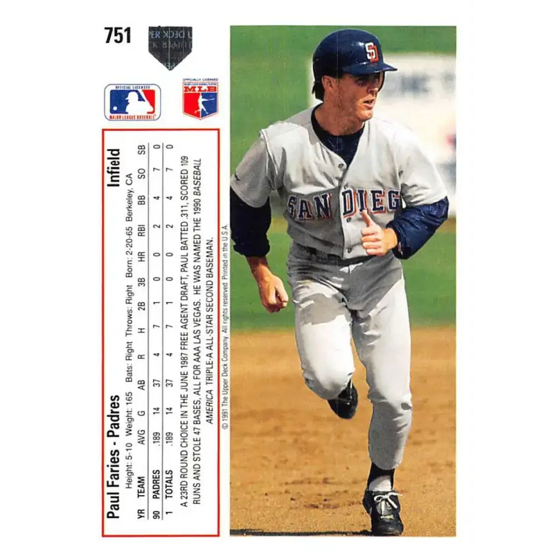 1991 Upper Deck #751 Paul Faries NM-MT RC Rookie San Diego Padres Baseball Card - Baseball Card Single
