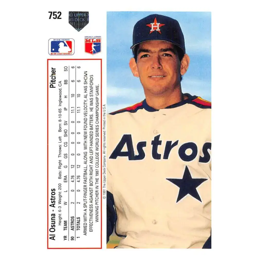 1991 Upper Deck #752 Al Osuna EX Excellent RC Rookie Houston Astros Baseball Card - Baseball Card Single