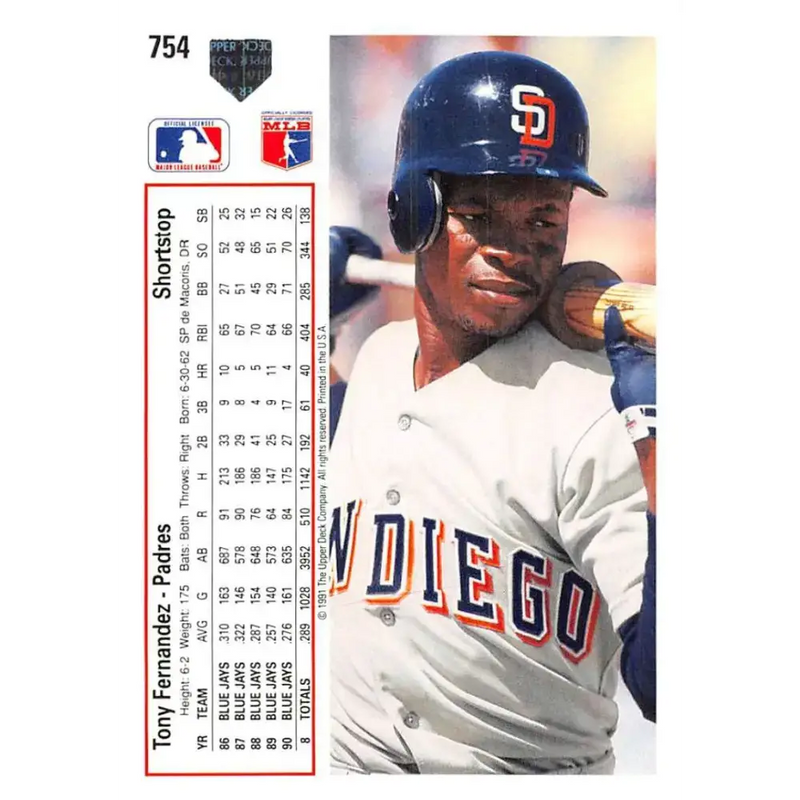 1991 Upper Deck #754 Tony Fernandez EX Excellent San Diego Padres Baseball Card - Baseball Card Single