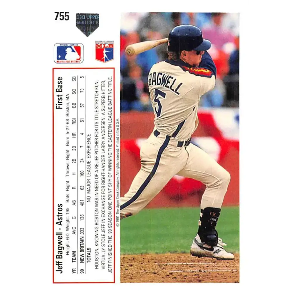 1991 Upper Deck #755 Jeff Bagwell EX Excellent RC Rookie Houston Astros Baseball Card - Baseball Card Single