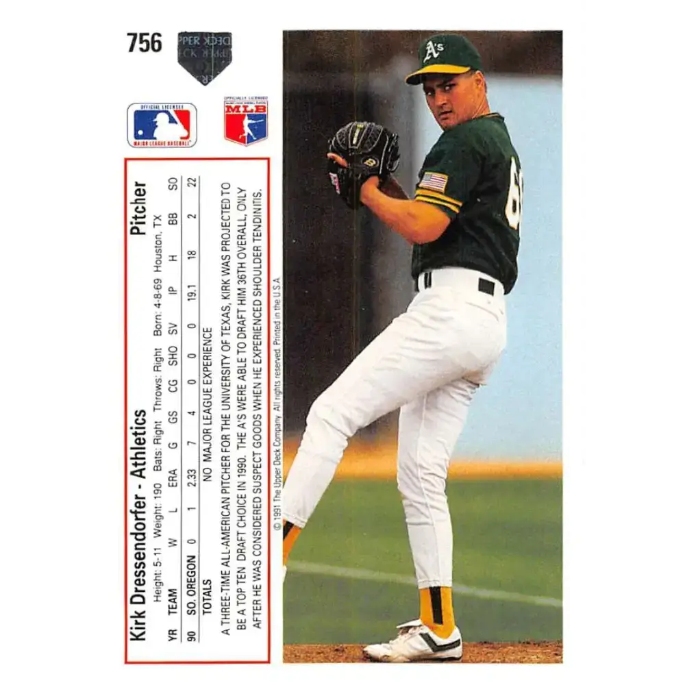 1991 Upper Deck #756 Kirk Dressendorfer NM-MT RC Rookie Oakland Athletics Baseball Card - Baseball Card Single