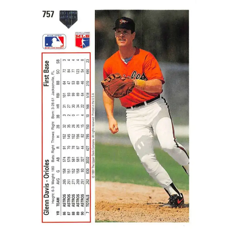 1991 Upper Deck #757 Glenn Davis NM-MT Baltimore Orioles Baseball Card - Baseball Card Single