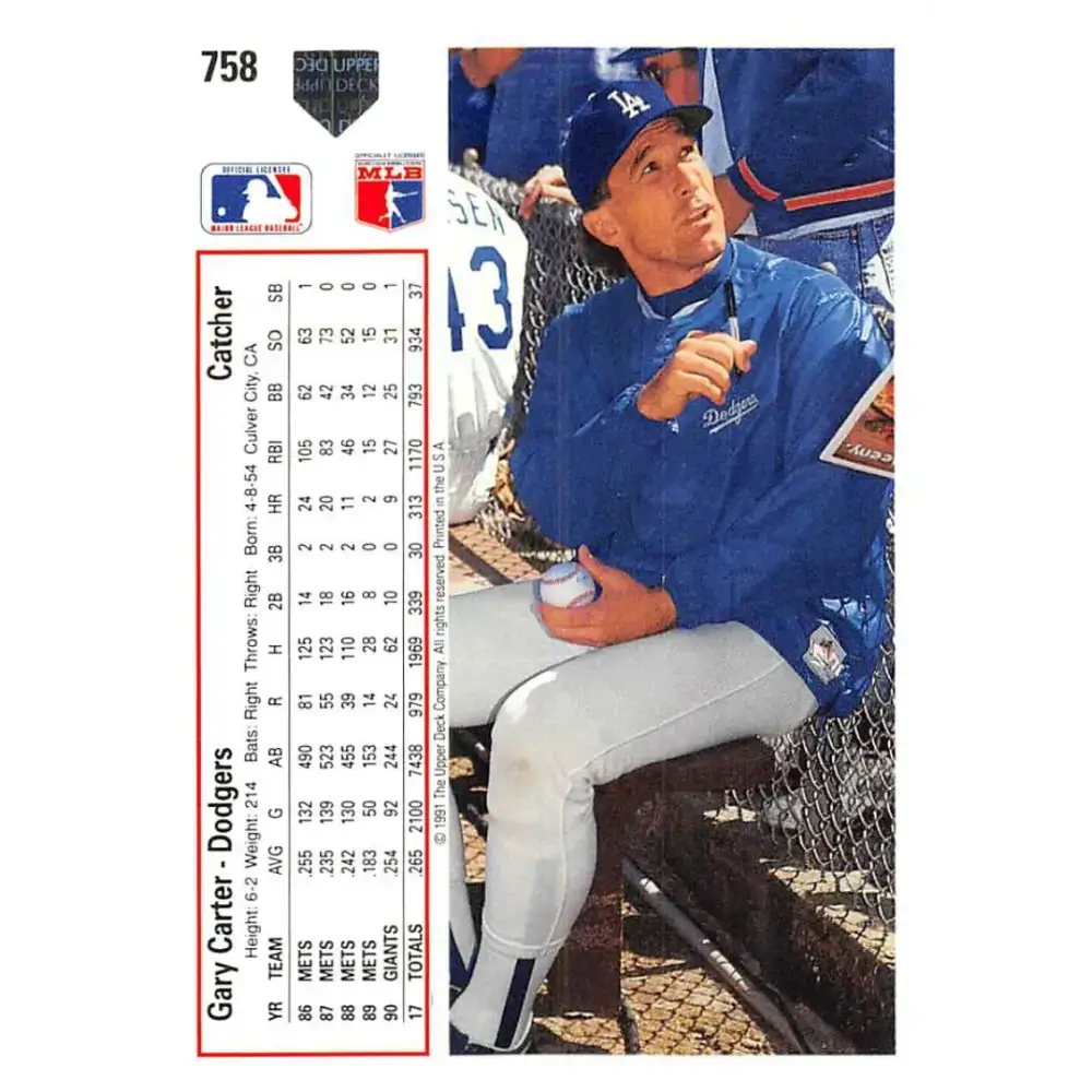 1991 Upper Deck #758 Gary Carter EX Excellent Los Angeles Dodgers Baseball Card - Baseball Card Single
