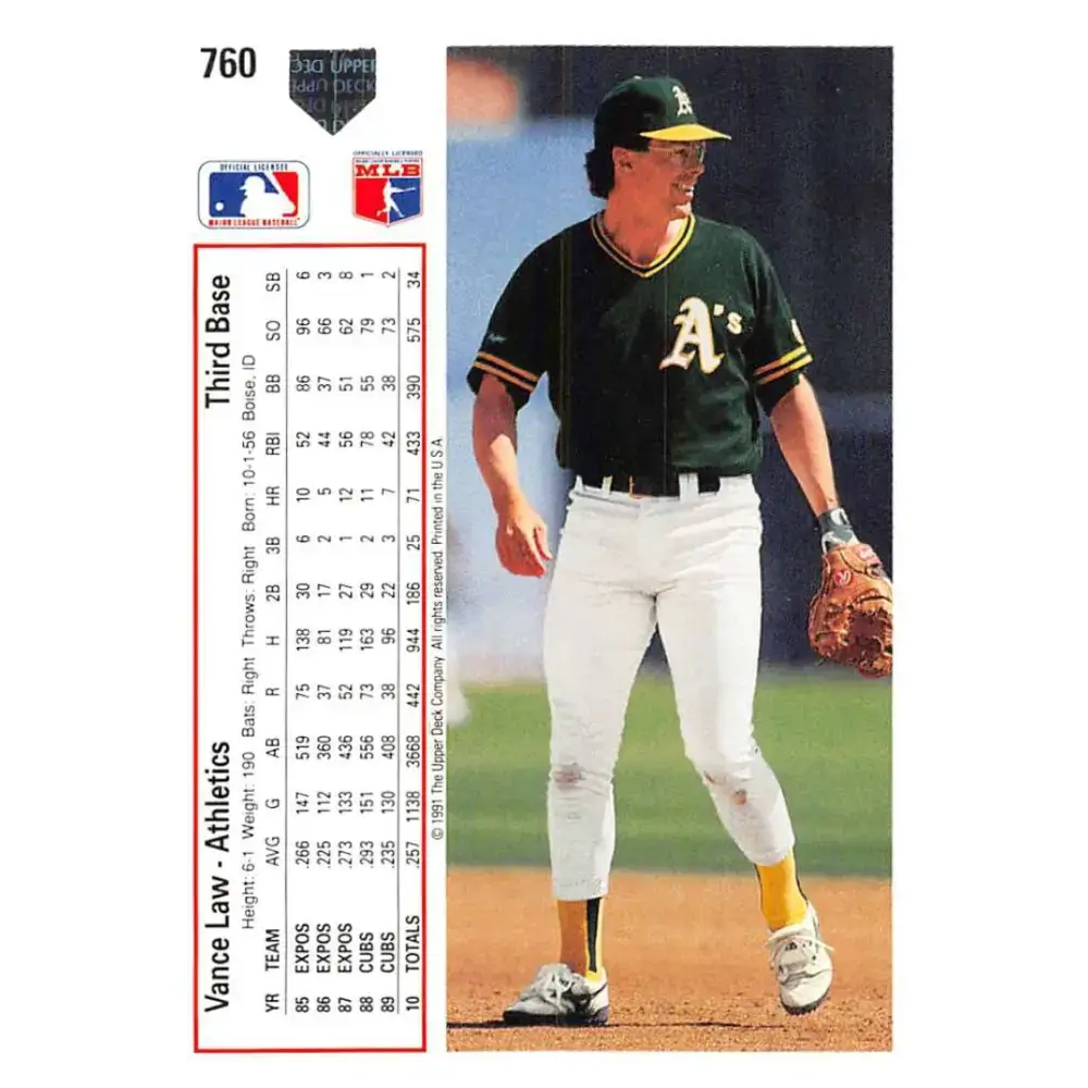 1991 Upper Deck #760 Vance Law EX Excellent Oakland Athletics Baseball Card - Baseball Card Single