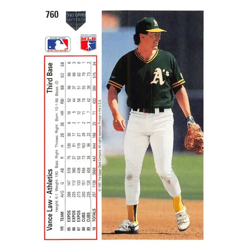 1991 Upper Deck #760 Vance Law NM-MT Oakland Athletics Baseball Card - Baseball Card Single