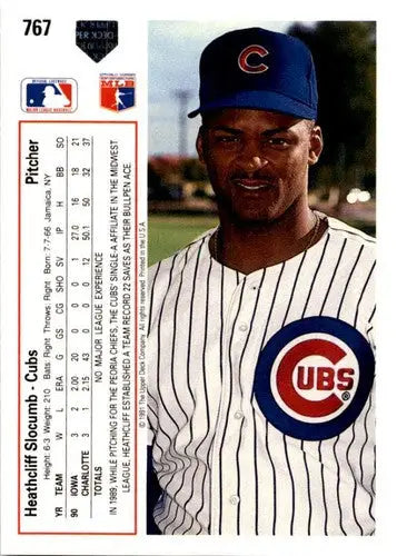 Original gloss 1991 Upper Deck Heathcliff Slocumb baseball card showcasing collectible detail