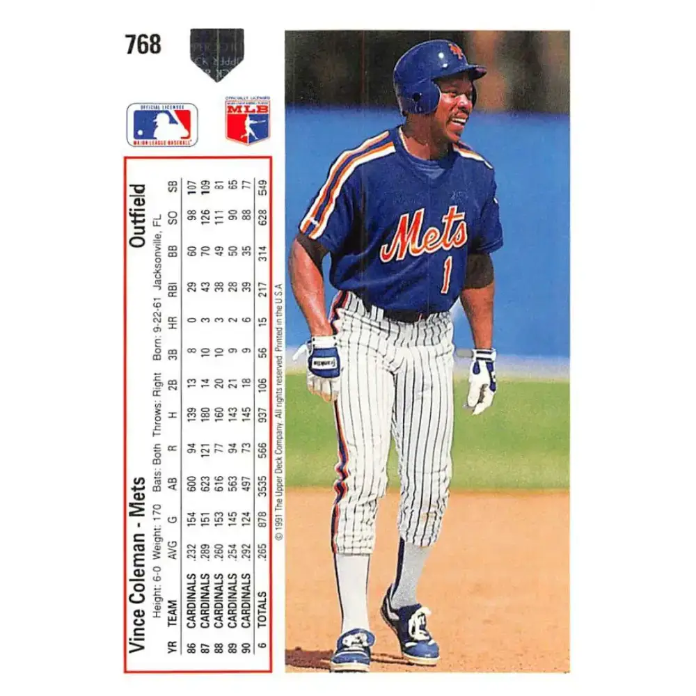 1991 Upper Deck #768 Vince Coleman EX Excellent New York Mets Baseball Card - Baseball Card Single