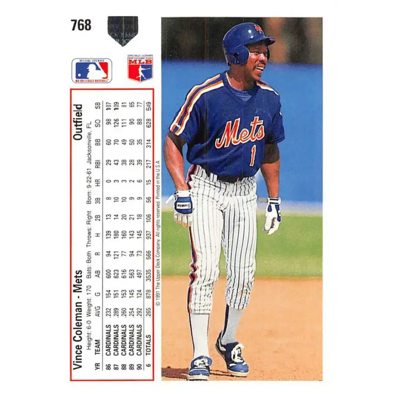 1991 Upper Deck #768 Vince Coleman EX Excellent New York Mets Baseball Card - Baseball Card Single