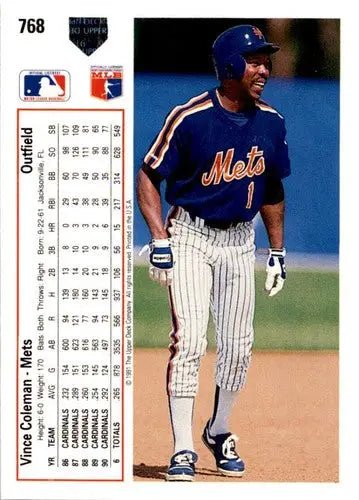 Original gloss 1991 Upper Deck Vince Coleman baseball card displayed