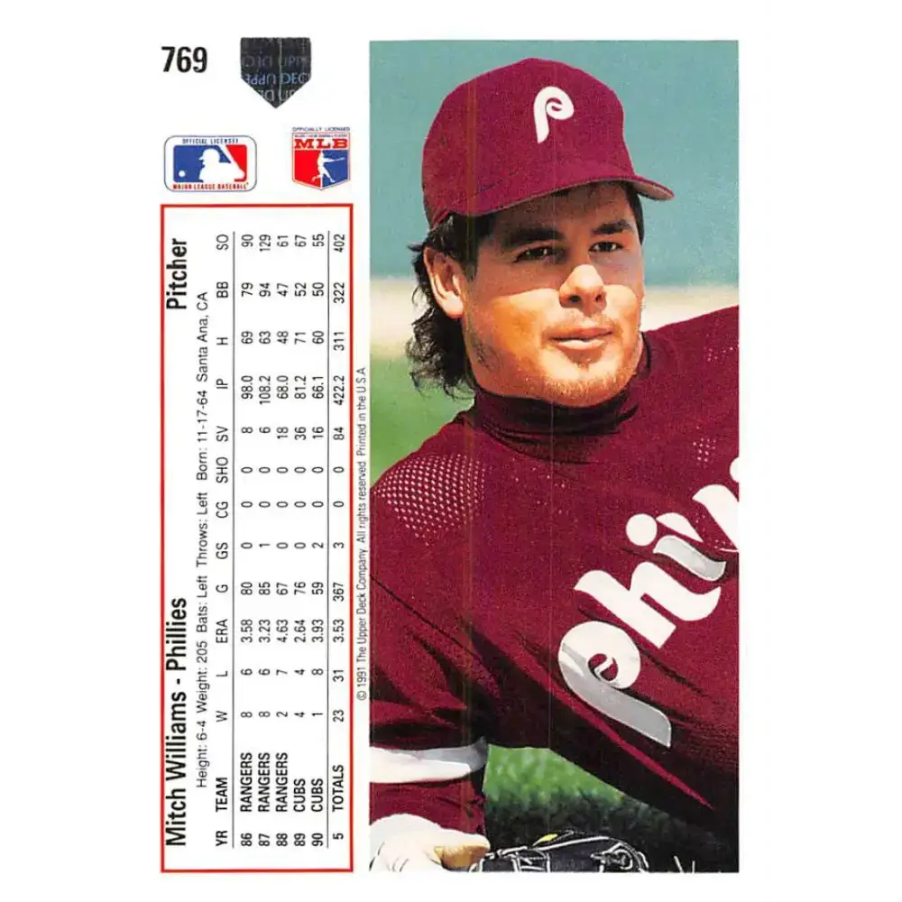 1991 Upper Deck #769 Mitch Williams EX Excellent Philadelphia Phillies Baseball Card - Baseball Card Single