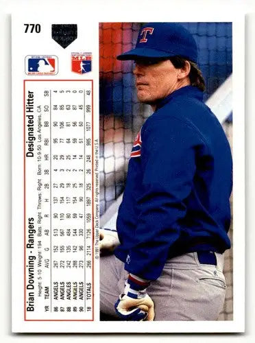 Baseball card back featuring Brian Downing Texas Rangers from 1991 Upper Deck #770