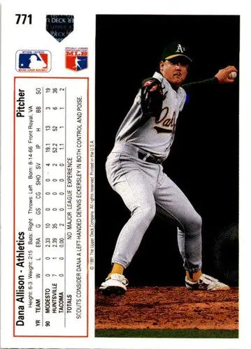 Original gloss baseball card featuring Dana Allison from 1991 Upper Deck Series