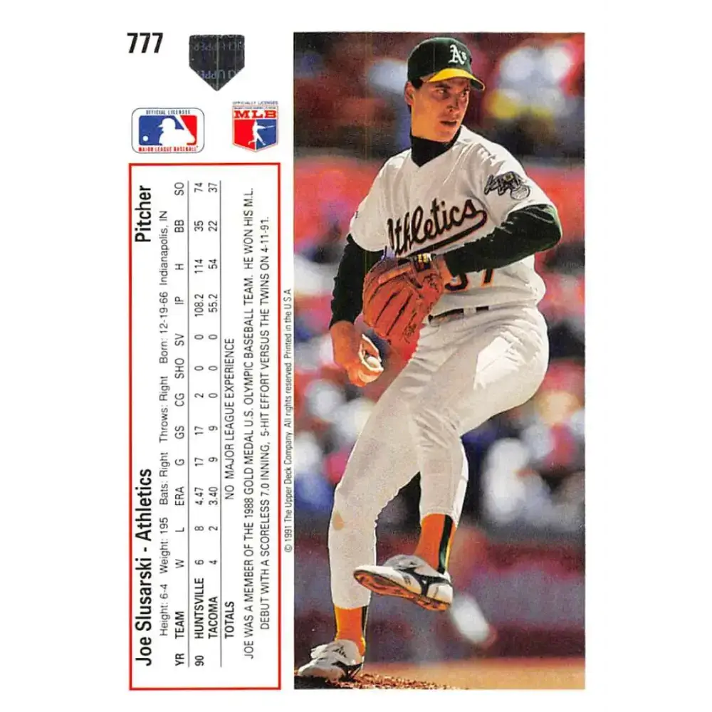 1991 Upper Deck #777 Joe Slusarski EX Excellent RC Rookie Oakland Athletics Baseball Card - Baseball Card Single