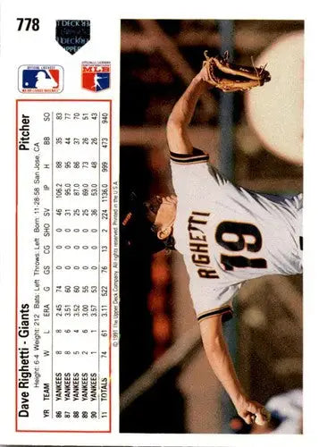 1991 Upper Deck Dave Righetti Baseball Card with Original Gloss