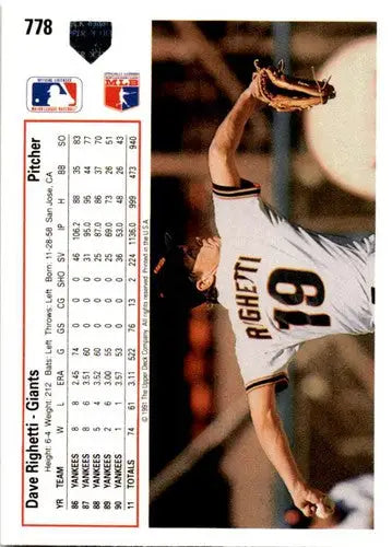 1991 Upper Deck #778 Dave Righetti ID:45713 - Baseball Card Single