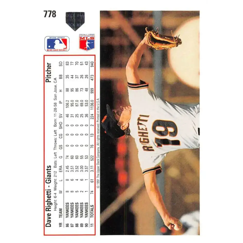 1991 Upper Deck #778 Dave Righetti NM-MT San Francisco Giants Baseball Card - Baseball Card Single