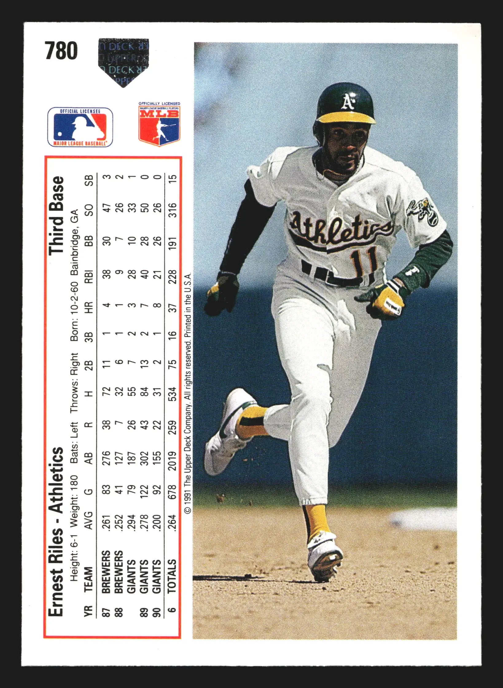 1991 Upper Deck #780 Ernest Riles Oakland Athletics - Baseball Card Single