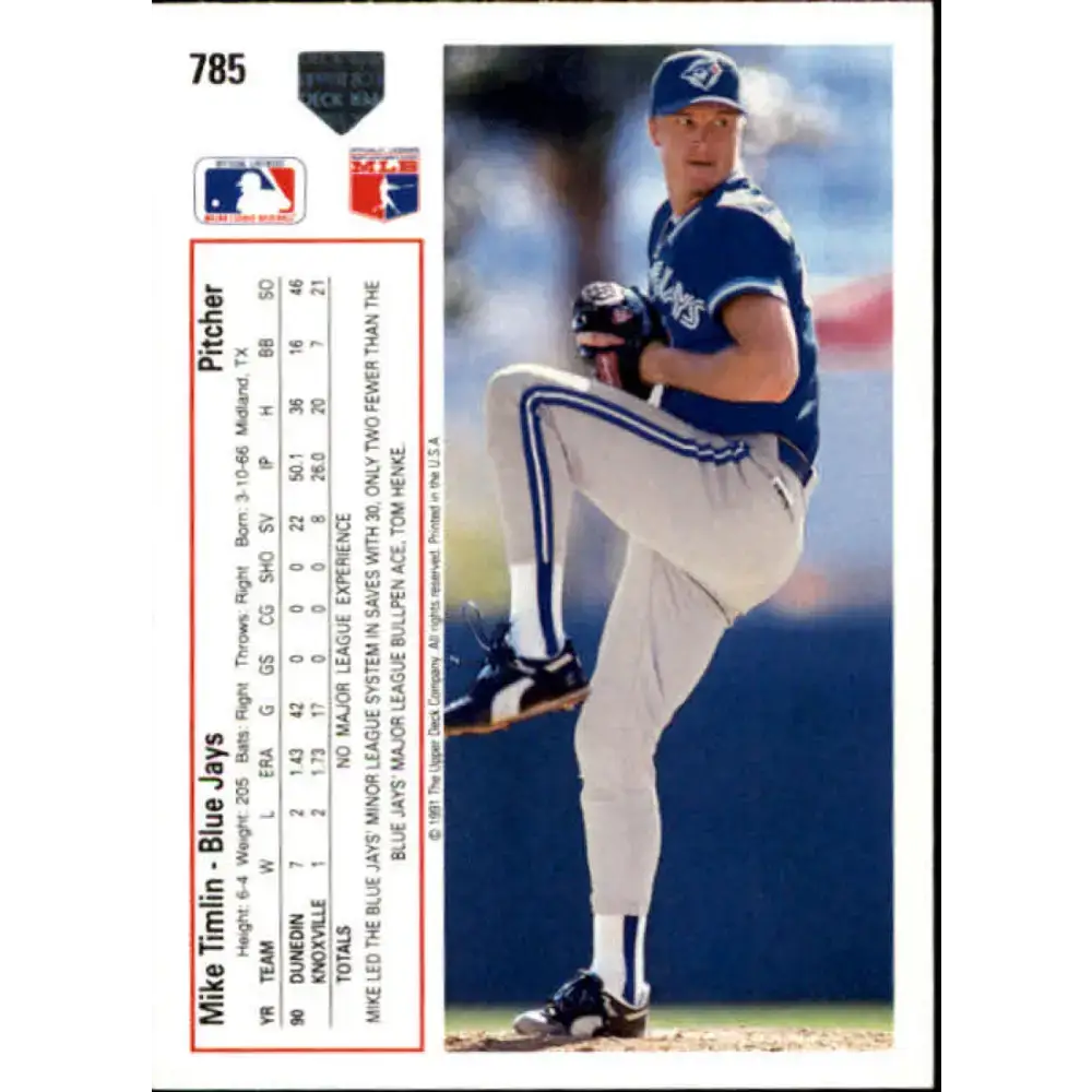 1991 Upper Deck #785 Mike Timlin EX Excellent RC Rookie Toronto Blue Jays Baseball Card - Baseball Card Single