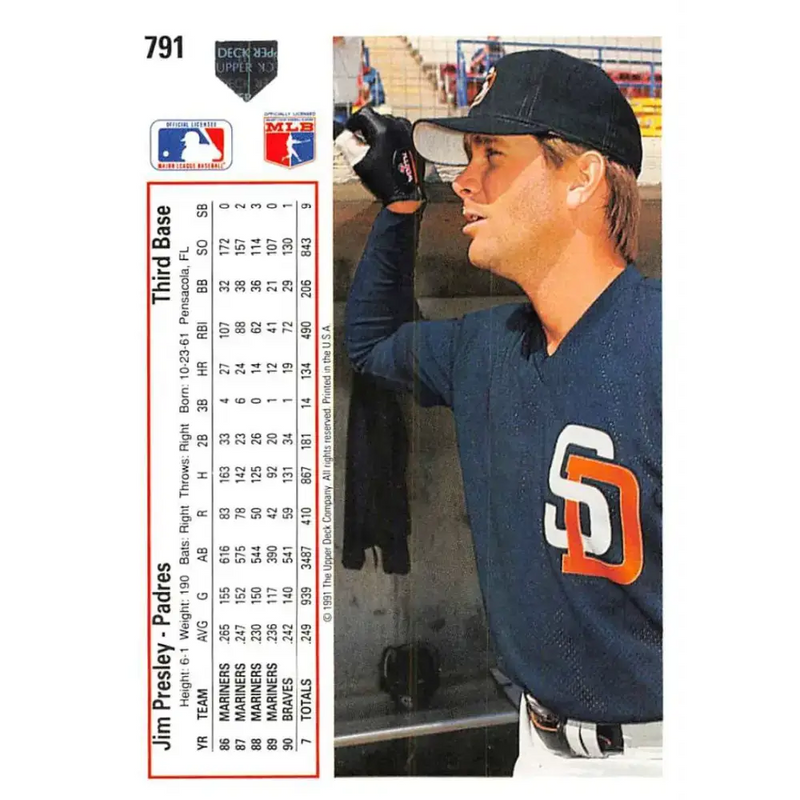 1991 Upper Deck #791 Jim Presley NM-MT San Diego Padres Baseball Card - Baseball Card Single
