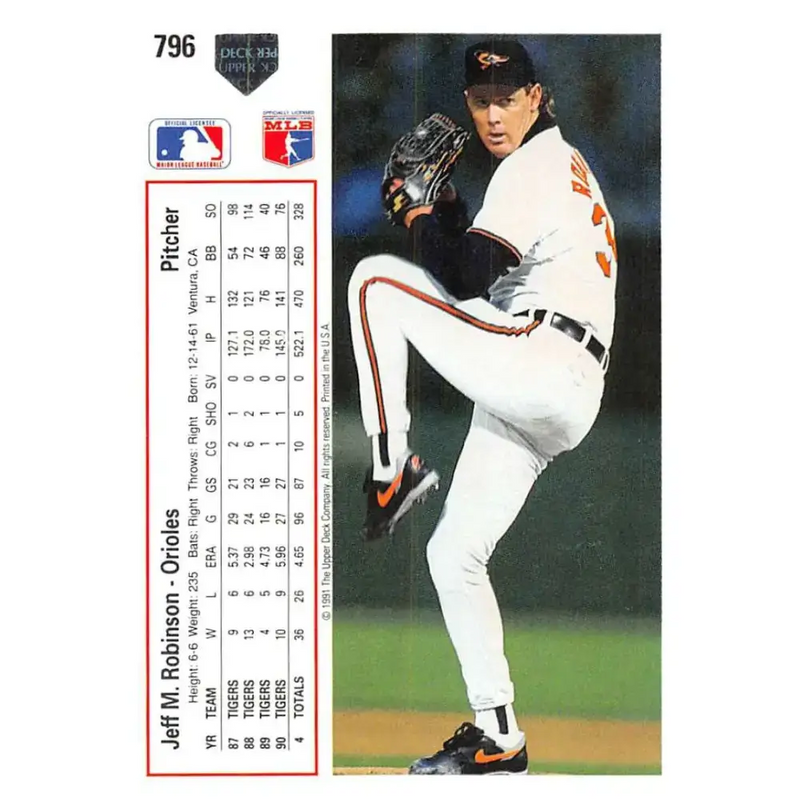 1991 Upper Deck #796 Jeff Robinson EX Excellent Baltimore Orioles Baseball Card - Baseball Card Single