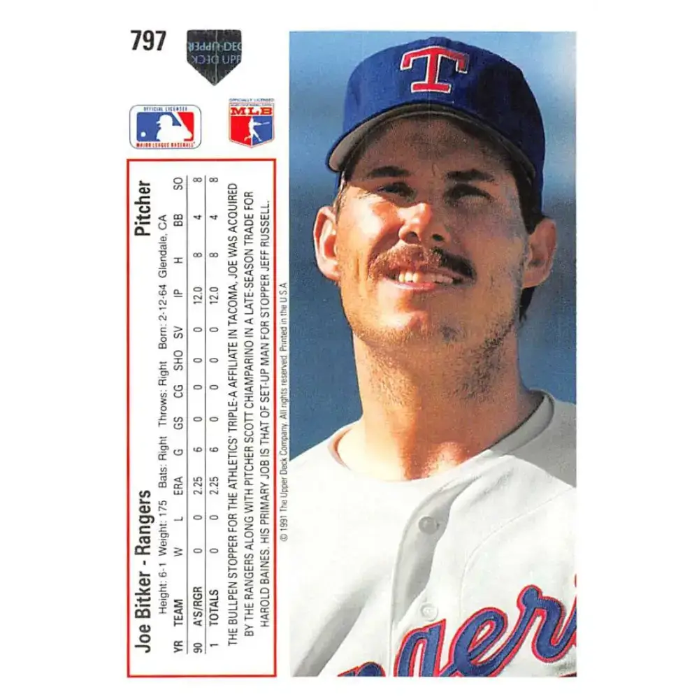 1991 Upper Deck #797 Joe Bitker NM-MT RC Rookie Texas Rangers Baseball Card - Baseball Card Single