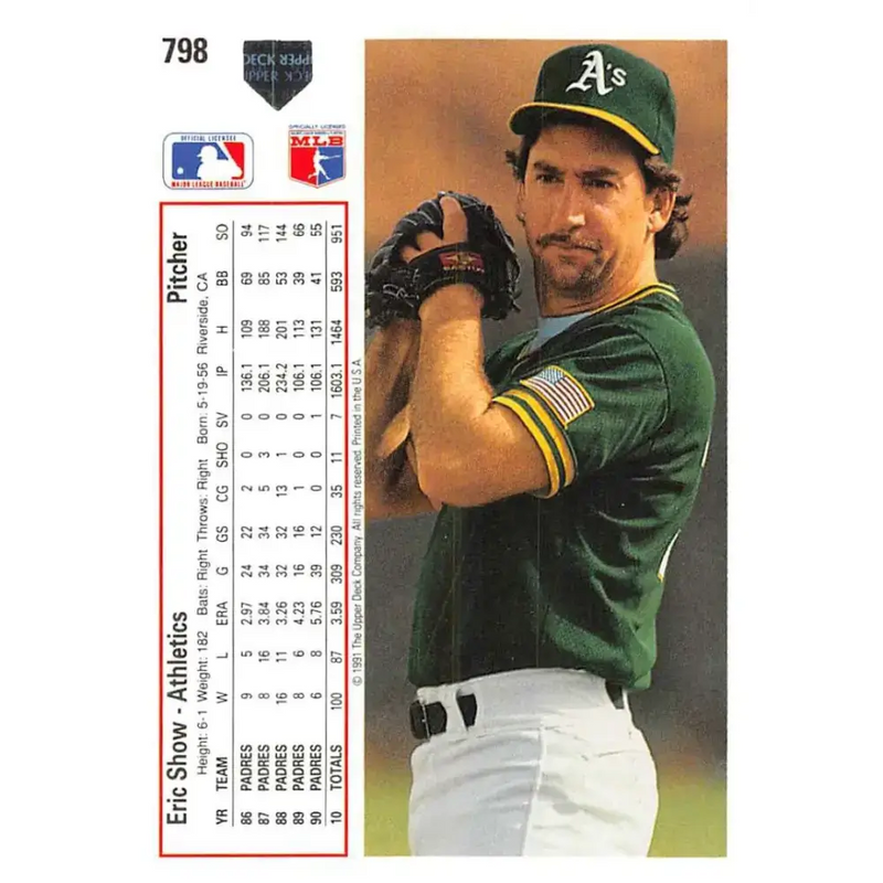 1991 Upper Deck #798 Eric Show EX Excellent Oakland Athletics Baseball Card - Baseball Card Single