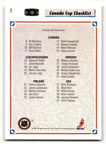 Canada Cup Checklist card featuring Brett Hull and Eric Lindros from 1991 Upper Deck