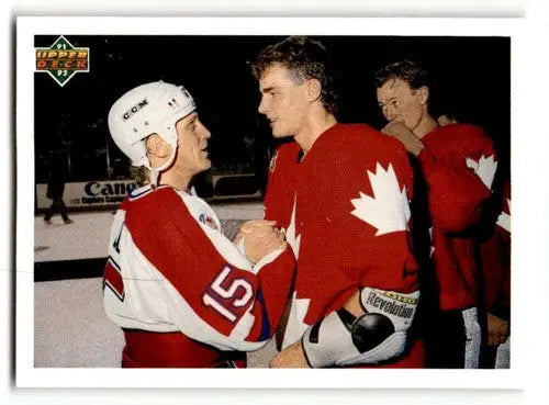 Hockey card featuring Brett Hull and Eric Lindros shaking hands from Upper Deck 1991