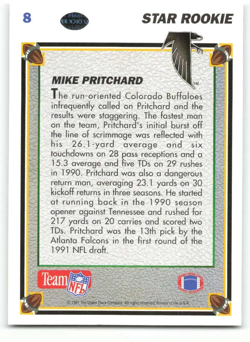 1991 Upper Deck #8 Mike Pritchard NM-MT RC Rookie Atlanta Falcons Football Card - Football Card Single
