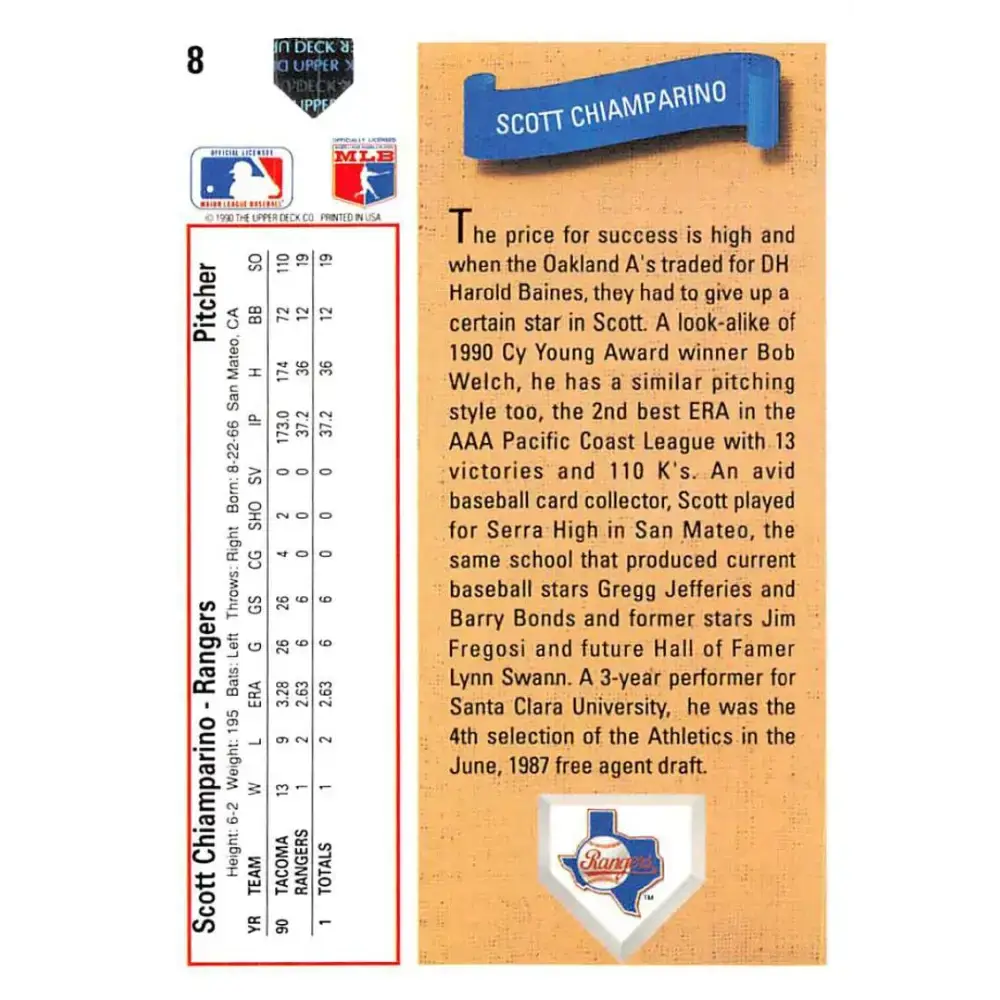 1991 Upper Deck #8 Scott Chiamparino NM-MT Texas Rangers Baseball Card - Baseball Card Single
