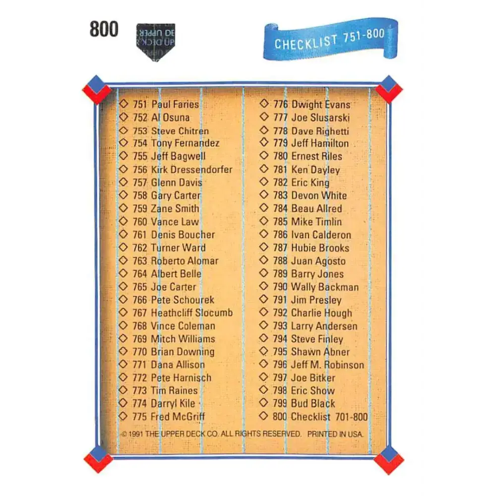 1991 Upper Deck #800 Checklist 701-800 NM-MT Checklist Baseball Card - Baseball Card Single