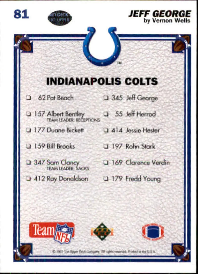 1991 Upper Deck #81 Jeff George NM-MT Indianapolis Colts Football Card - Football Card Single