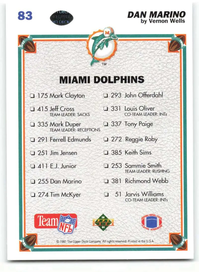 1991 Upper Deck #83 Dan Marino NM-MT Miami Dolphins Football Card - Football Card Single