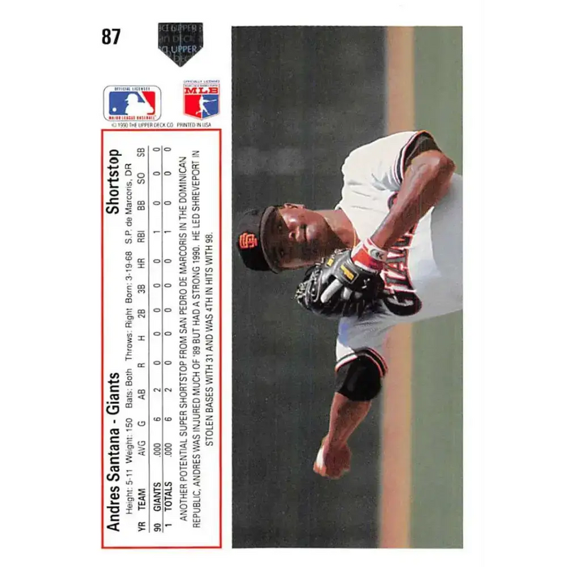 1991 Upper Deck #87 Andres Santana EX Excellent San Francisco Giants Baseball Card - Baseball Card Single