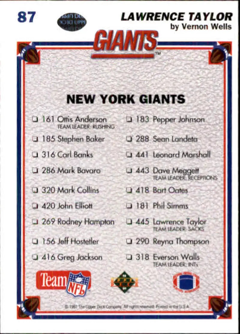 1991 Upper Deck #87 Lawrence Taylor NM-MT New York Giants Football Card - Football Card Single