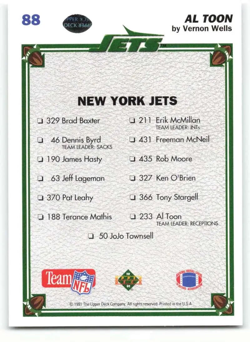 1991 Upper Deck #88 Al Toon NM-MT New York Jets Football Card - Football Card Single