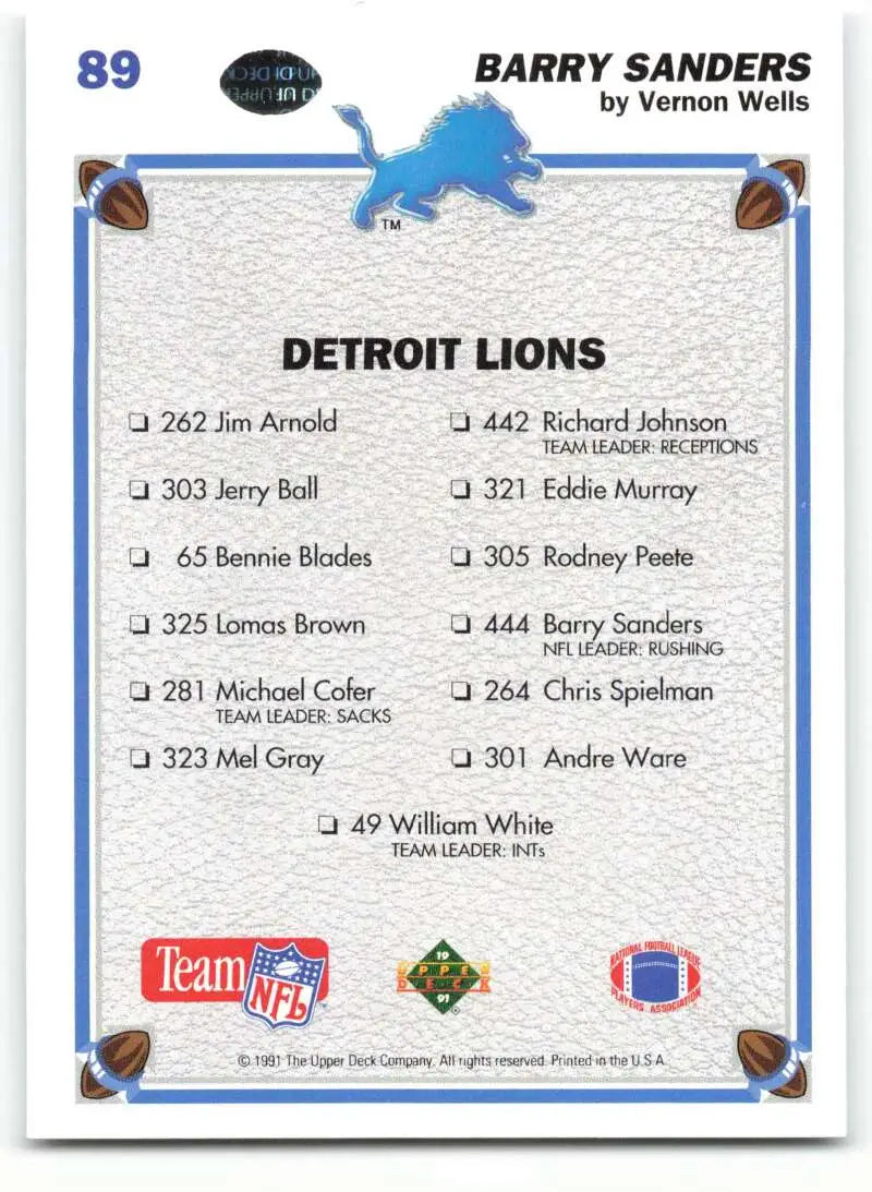 1991 Upper Deck #89 Barry Sanders NM-MT Detroit Lions Football Card - Football Card Single
