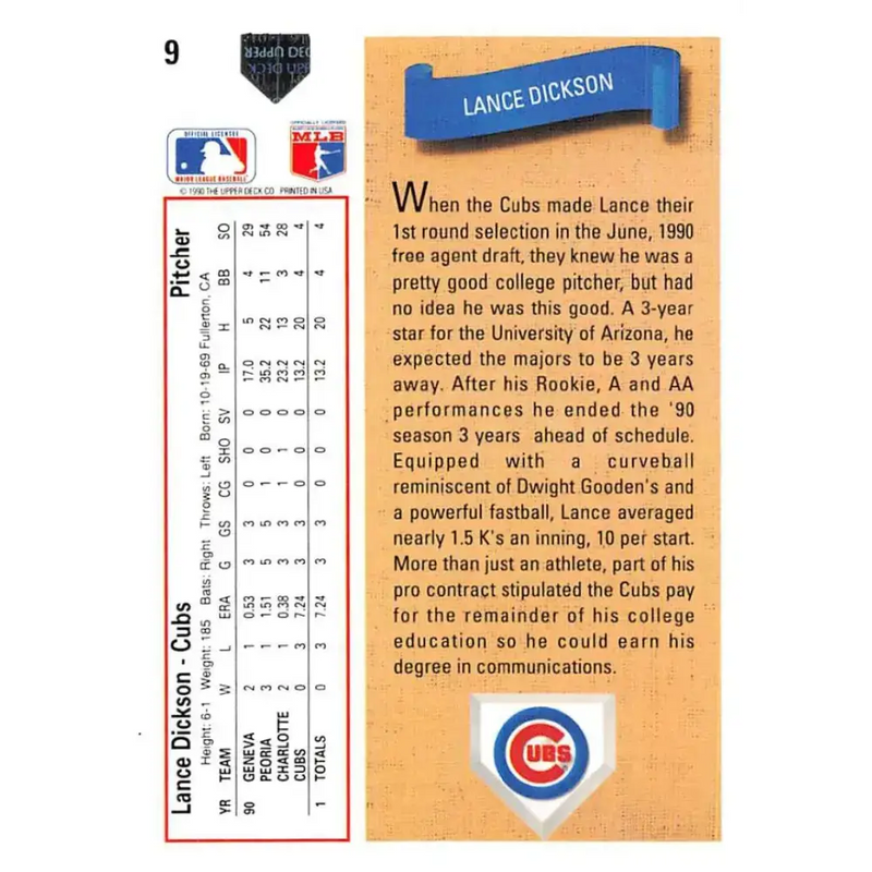 1991 Upper Deck #9 Lance Dickson EX Excellent RC Rookie Chicago Cubs Baseball Card - Baseball Card Single