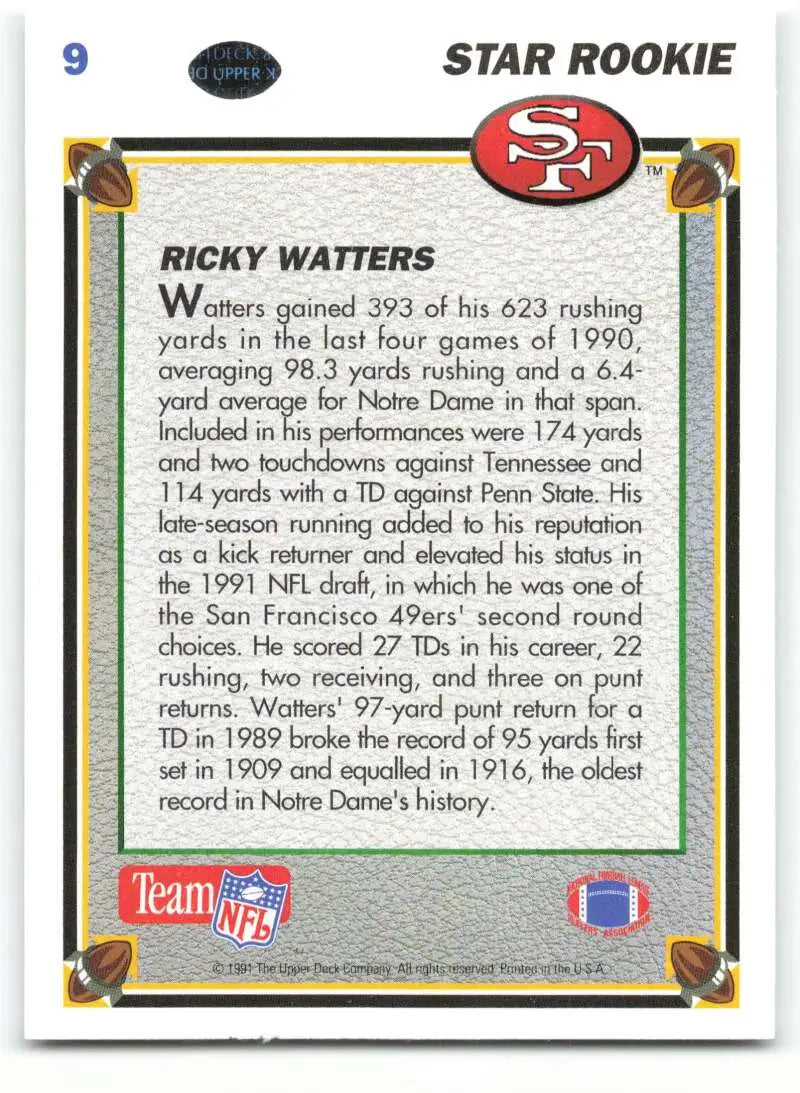 1991 Upper Deck #9 Ricky Watters NM-MT RC Rookie San Francisco 49ers Football Card - Football Card Single