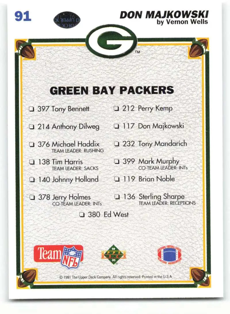 1991 Upper Deck #91 Don Majkowski NM-MT Green Bay Packers Football Card - Football Card Single
